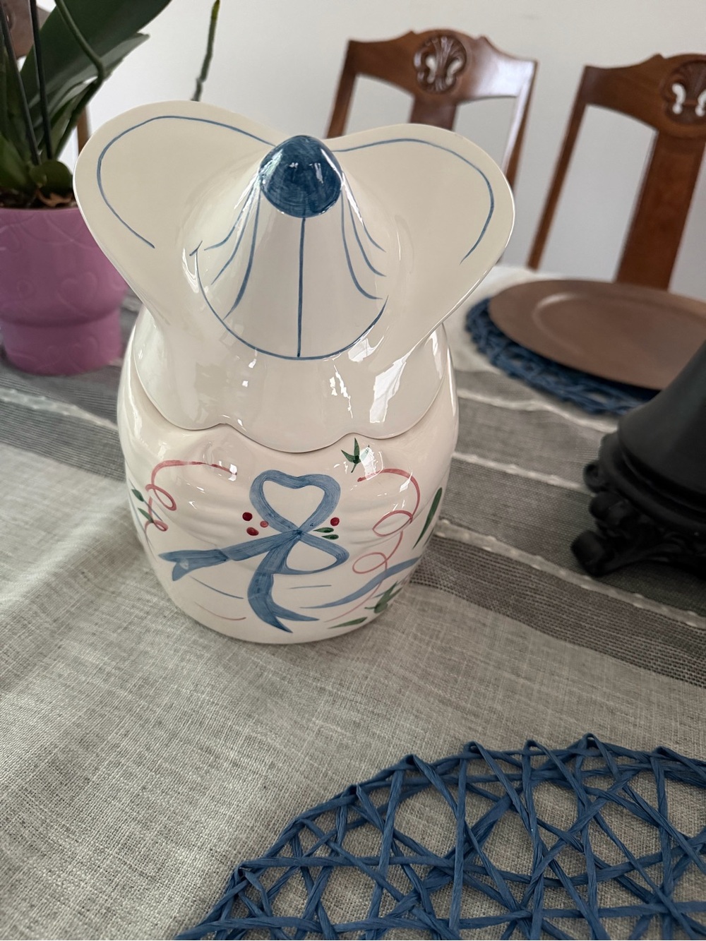 Vintage GKAO Mouse Cookie Jar White, Blue Ribbons, Pink Swirls, Green Leaves